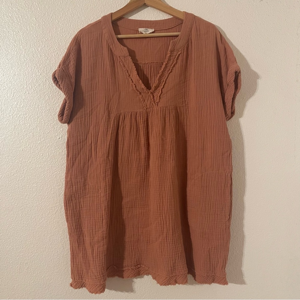ENTRO Gauzy Cotton Dress Tan/Brown Mini Short Sleeve Boho Peasant size small